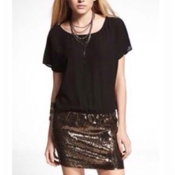 Express Dresses & Skirts - Express Y2K Blouson Mini Dress Black Drop Waist Copper Gold Sequin Skirt Size XS